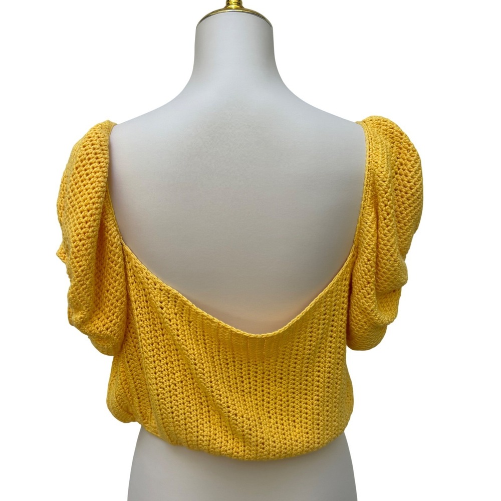 Crochet Knit Crop Top Yellow Sm/Md Puff Sleeve Summer Boho Festival Vibrant 70's - Picture 5 of 7
